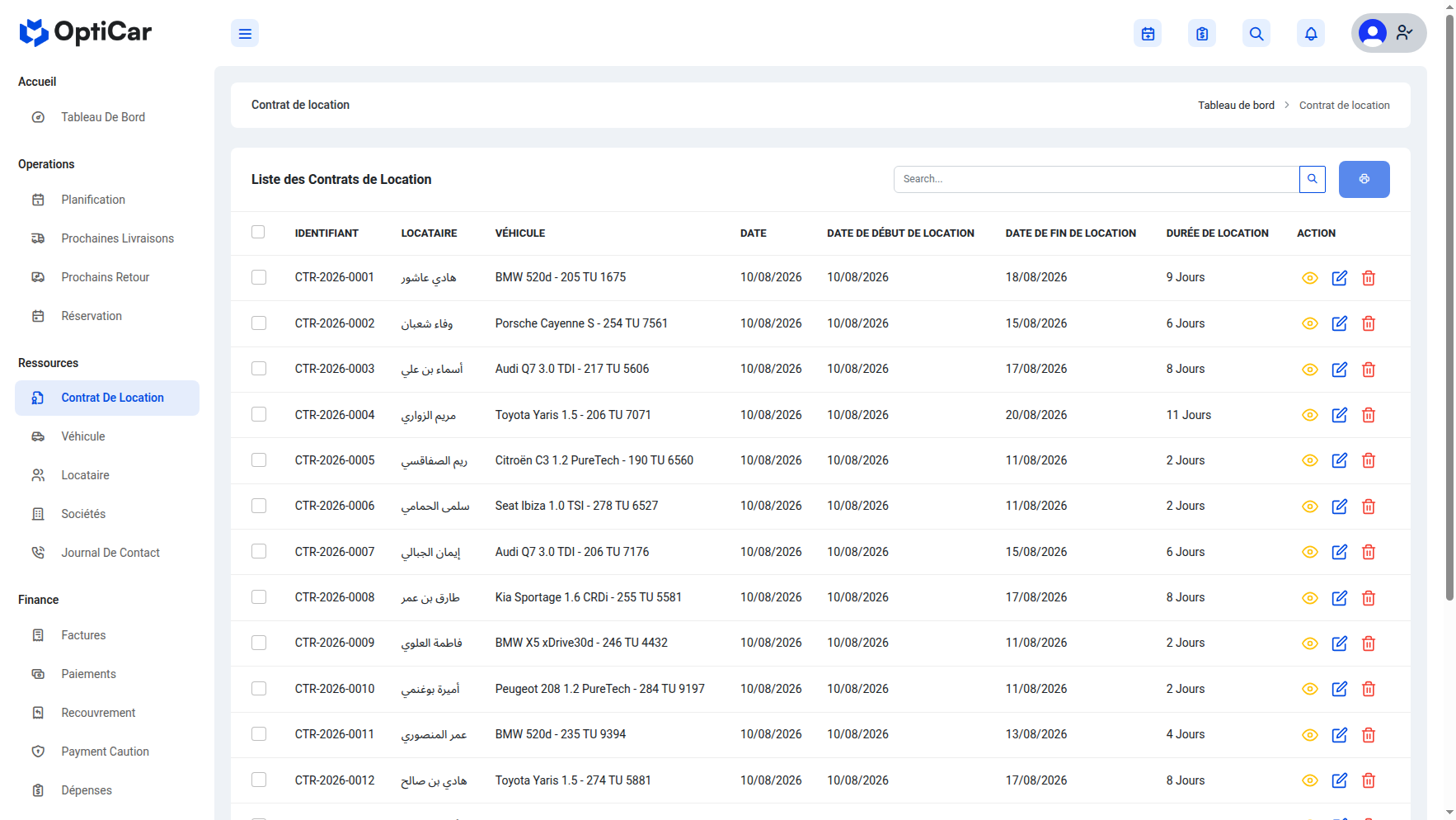 Liste des contrats de location Opticar