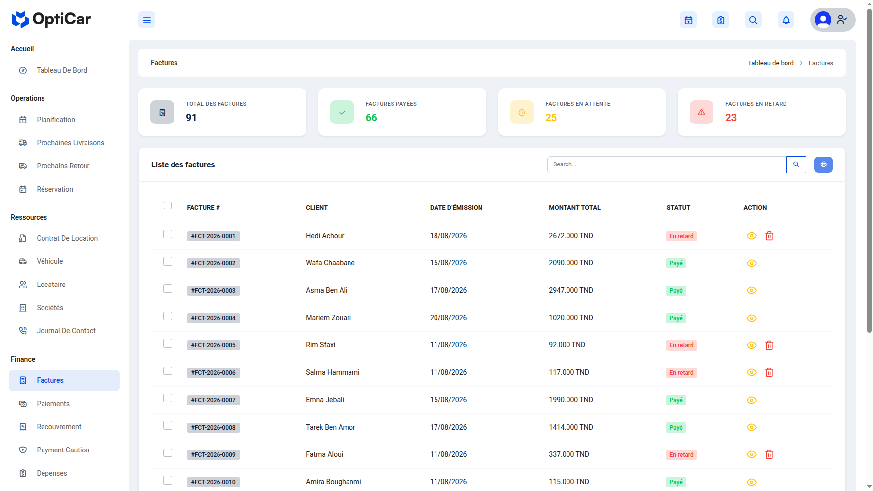 Liste des factures Opticar avec indicateurs