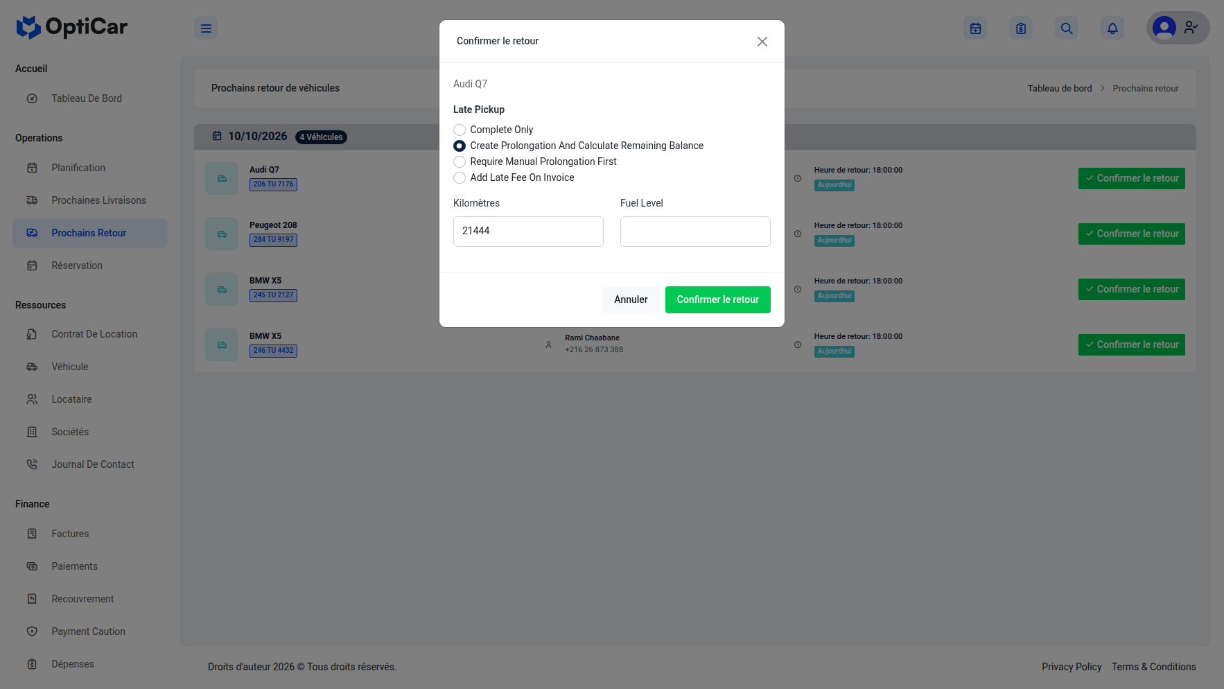 Modal de confirmation de retour avec options de prolongation
