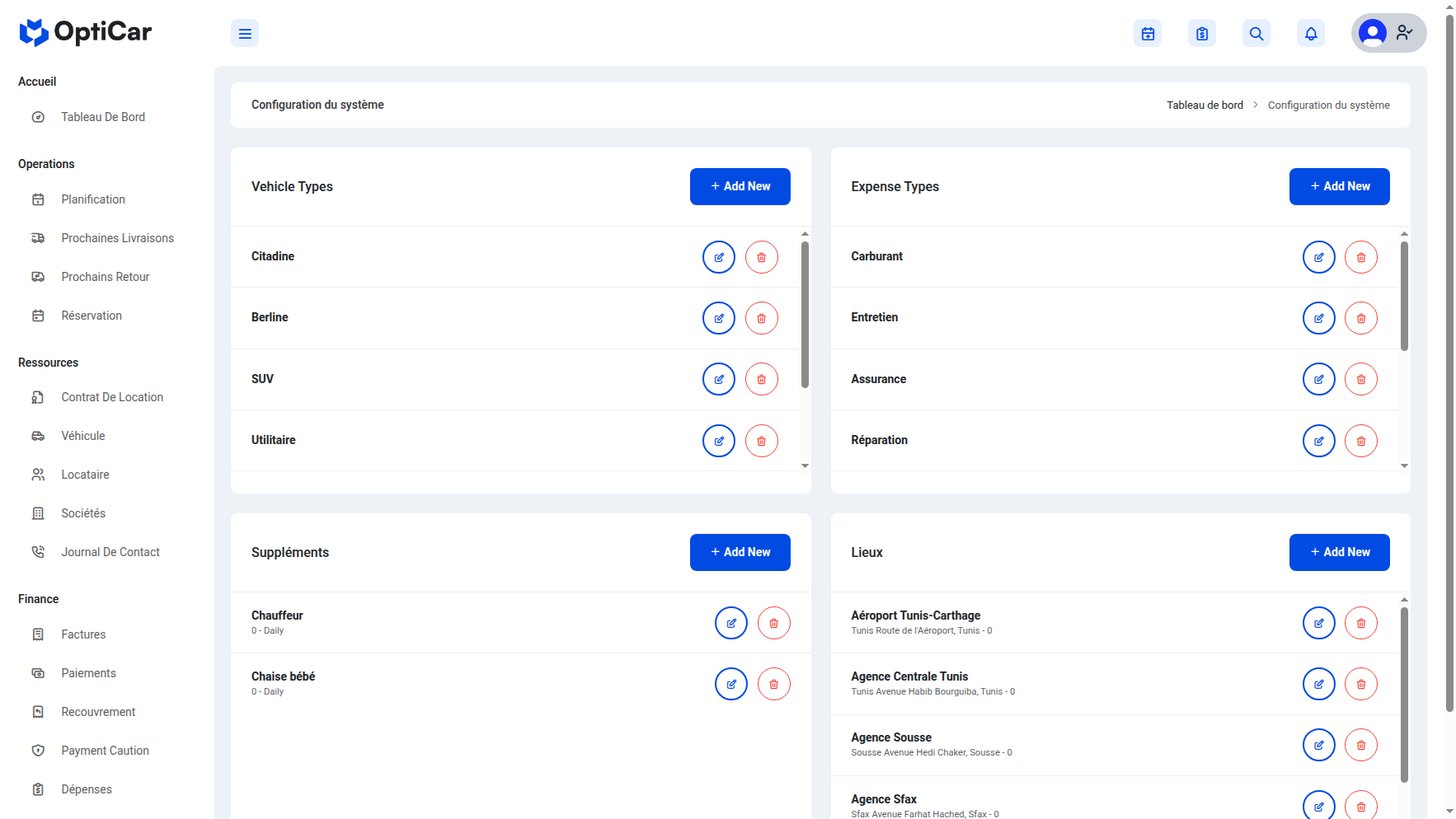 Configuration système Opticar : types, suppléments et lieux